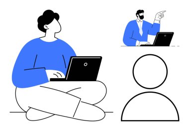 Dizüstü bilgisayarla bacak bacak bacak üstüne atmış, dizüstü bilgisayarda el kol hareketi yapan bir adam ve minimalist kafa simgesi. Takım çalışması, iletişim, uzaktan çalışma, işbirliği, beyin fırtınası, dijital kültür odaklama için ideal