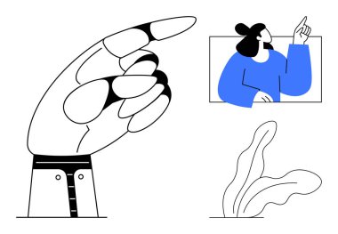 Büyük bir el ileri işaret ediyor, kadın parmağını yukarı doğru kaldırıyor ve minimalist bitki aşağı. Yönlendirme, yönlendirme, etkileşim, karar verme, iletişim, takım çalışması için ideal