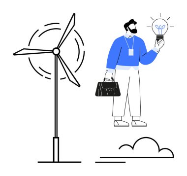 İş adamı, rüzgar türbininin yanında parlayan bir ampul tutuyor. Sürdürülebilirlik, yenilenebilir enerji, yenilik, yeşil teknoloji, iş çözümleri, çevre dostu uygulamalar ve temiz enerji için ideal