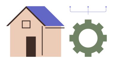 Mavi çatılı, yeşil dişli ve bağlı düğümlü basit bir ev. Otomasyon, teknoloji, sürdürülebilirlik, yenilik, ev sistemleri akıllı yaşam ve enerji için idealdir. Basit bir düz metafor.