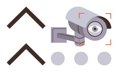 Kırmızı odak işaretli güvenlik kamerası. Yanında da oklar ve noktalar. Basit bir dairede güvenlik, izleme, teknoloji, gizlilik, gözlem, güvenlik ve dijital gözetim kavramları için ideal