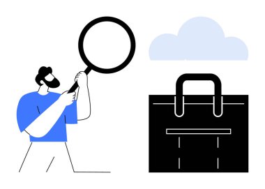 Elinde büyüteç, evrak çantası ve minimalist tarzda bulut tutan bir adam. Araştırma, analiz, iş, bulut depolama, iş arama verimliliği ve basitleştirme kavramları için ideal. Basit düz