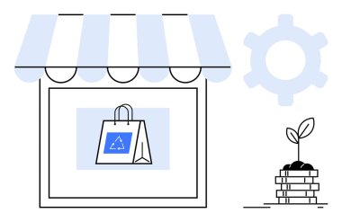 Mağaza tentesinin altında geri dönüşüm çantası, bozuk para yığınının üzerine bitki ve eko-ticareti temsil eden teçhizat. Sürdürülebilirlik, yeşil işletme, çevre bilinci, çevre dostu uygulamalar, yenilikler için ideal