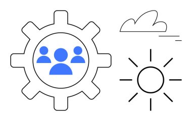 Takım çalışması sembolü, güneş ve bulut yenilik, birlik, üretkenlik ve ilerlemeyi temsil ediyor. Takım çalışması, büyüme, liderlik yaratıcılık verimliliği sürdürülebilirlik basit iniş için idealdir