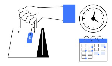 İndirimli etiketli el çantası, saati gösteren saat ve takvim renklendirme tarihleri. Perakende, e-ticaret, promosyonlar, teslim tarihleri, planlama, satış kampanyaları için ideal basit düz metaforlar