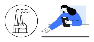 Elinde dosya tutan ve işaret eden bir kadının yanındaki bacalı fabrikada. Endüstri, üretim, karar verme, veri analizi, verimlilik, takım çalışması ve basit iniş sayfası için ideal