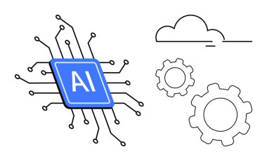 Devreli yapay zeka çipi, bulut ve dişliler teknolojik yenilikleri, bulut hesaplamayı, otomasyonu ve dijital dönüşümü temsil ediyor. Teknolojik markalaşma, yapay zeka araçları, otomasyon modern iş teknolojileri için idealdir.