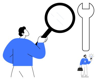 İngiliz anahtarı aletleri ve ampullü minicik bir figür ile büyüteç teftişi yapan bir adam. Yenilik, araştırma, çözümler, teknoloji, fikirler, eğitim büyümesi için idealdir. Basit düz