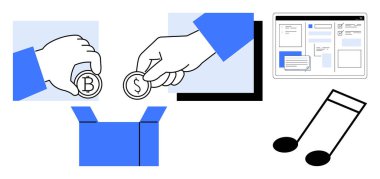 Eller Bitcoin ve Dolar bozukluklarını bir kutuya, dijital kullanıcı arayüzü ekranına ve notalara yerleştiriyor. Finans, çevrimiçi işlemler, içerik oluşturma, yenilik, hayırseverlik, teknoloji araçları için ideal