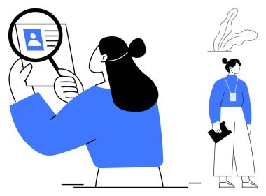 Bir kadın büyüteç altında kimlik kartını inceliyor. Detaylara dikkat ve hassasiyet vurguluyor. Bir diğeri de belge klasörüyle ayakta duruyor. Kimlik doğrulama, işe alım, analiz için ideal