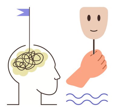 Karmaşık düşünceleri olan ve gülümseyen bir maske takan insan kafası, zihinsel sıkıntıyı, duygusal dayanıklılığı, otantik benliği, zihinsel sağlık farkındalığını, problem çözmeyi, pozitifliği, basit yassı