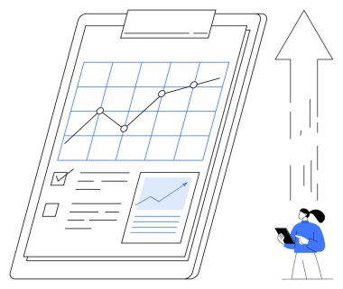 Performans çizelgesi, kontrol listesi, veri görselleştirmesi, büyüme oku ve tablet kullanıcısına sahip büyük pano. İş stratejisi, ilerleme, analitik, araştırma organizasyonu üretkenliği için ideal basit