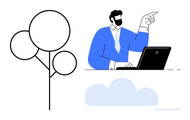 Bir dizüstü bilgisayarda çalışan profesyonel, ileriyi gösteren, arka planda soyut ağaç ve bulut olan. Planlama, liderlik, büyüme, yenilik, strateji çevresel odak ve denge için idealdir. A