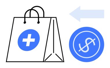 Çapraz işaretli sağlık çantası, bozuk para ve sol ok sağlık hizmetlerinin iadesini, iadesini ya da gider takibini simgeliyor. Sağlık, sigorta, tasarruf, finansman desteği için ideal bütçe