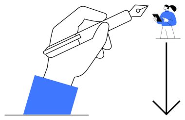 Kağıt üzerinde bir kalem, aşağı doğru büyük bir ok ve tabletli bir araştırmacı. Yaratıcılık, araştırma, yön, yenilik, öğrenme, tasarım ve basit iniş sayfası için ideal