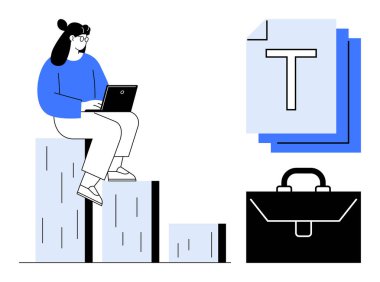 Baro çizelgesinde oturan bir kadın, yanında evrak yığını ve evrak çantası görselleri ile birlikte bir dizüstü bilgisayarda çalışıyor. İş, büyüme, üretkenlik, analitik, ofis, kariyer geliştirme, basit iniş için ideal