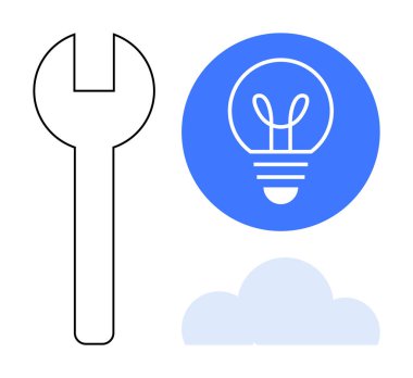 İngiliz anahtarı, mavi bir dairede parlayan ampul ve bulut sembolü. Yenilik, teknoloji, yaratıcılık, problem çözme, araçlar, bulut hesaplama basit iniş sayfası için ideal