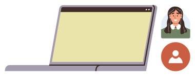 Boş ekran ve iletişimi, profil oluşturmayı ve sanal toplantıları sembolize eden iki kullanıcı avatarı ile bilgisayarı aç. Takım çalışması, eğitim, ağ oluşturma, işbirliği, webinar ve uzak çalışma için ideal