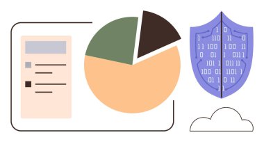 Kategori verili pasta tablosu, ikili kodlu siber güvenlik kalkanı ve minimalist bir bulut. Analiz, siber güvenlik, teknoloji, veri koruması, modern bilgisayar, bulut depolama için ideal