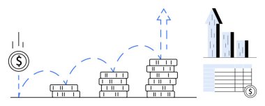 Sikke yığınlarının boyutu artıyor, ok yukarı doğru büyüdüğünü gösteriyor, tablo ve çubuk grafiği. Basit bir iniş sayfasını finanse etmek, yatırım, tasarruf, iş büyümesi, ekonomik analiz bütçesi için ideal