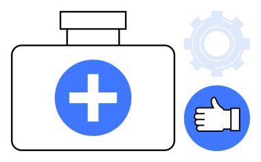 Haç sembollü tıbbi çanta, dişli ikonu ve onay işareti. Sağlık, acil durum hazırlığı, sağlık, tıbbi malzeme, iyileşme, hizmet verimliliği için ideal. Basit iniş sayfası.