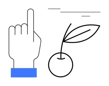 Çizilmiş el, yapraklı minimalist bir kirazın yanında yukarı doğru uzanıyor. Büyüme, başarı, motivasyon, basitlik, karar verme, fırsat ve başarı kavramları için idealdir. Temiz düz metafor