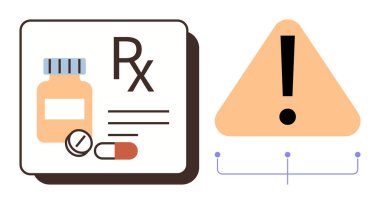 İlaç şişesi, kapsüller, uyarı üçgeninin yanında RX etiketi. Halkı risklere karşı uyaran sağlık, güvenlik, ilaç, eczacılık, ihtiyat ve eğitim için ideal basit düz metafor