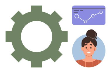 Yeşil dişli, çizgili analitik gösterge paneli ve gülümseyen kadın. Takım çalışması, iş akışı, işlemler, teknoloji, veri analizi, yenilik, eğitim için ideal basit düz metafor