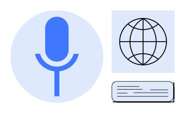 Bir daire içindeki mikrofon, küresel şebeke ve metin çubuğu, podcast, ağ oluşturma, çeviri, çevrimiçi eğitim, haber yayını, küresel işbirliği ve ses etkileşimi temalarını çağrıştırıyor. Basit düz