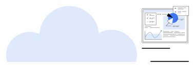 Veri panelinin yanında bulut tasarımı, pasta grafiği, analiz ve grafikler. Bulut depolama, veri bilimi, modern teknoloji, analitik çözüm, bilişim hizmeti, iş stratejisi için ideal basit