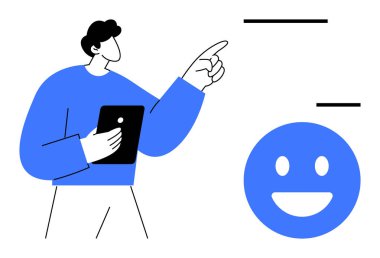 Tablet tutan kişi, mavi gülümseyen yüzü işaret ediyor. Geri bildirim, iletişim, müşteri desteği, duygular, kullanıcı etkileşimi, müdahale, basit iniş sayfası için ideal