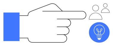 İki insan ve bir ampulün simgelerini gösteren büyük bir el silueti. Takım çalışması, işbirliği, yaratıcılık, rehberlik, liderlik, karar verme, beyin fırtınası için ideal. Basit için mükemmel.
