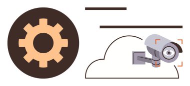 Güvenlik kamerası bir duvara monte edilmiş ve bir vites simgesi ile eşleştirilmiş bir bulutu gösteriyor. Güvenlik, teknoloji, bulut depolama, otomasyon, izleme, veri yönetimi, dijital sistemler için ideal