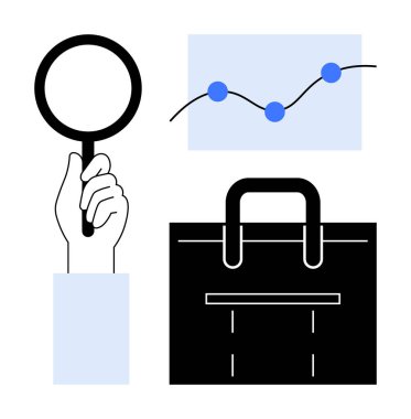 Analiz ve operasyonlardan esinlenen büyüteç, evrak çantası sembolü ve bağlı veri noktalarıyla el. İş, araştırma, yönetim, planlama, strateji problem çözme için ideal basit