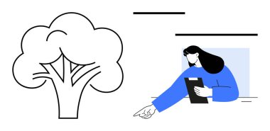 Elinde pano tutan ve ağaç çizgisi olan bir kadın. Çevre bilimi, eğitim, sürdürülebilirlik, takım çalışması, çevre dostu kampanyalar, strateji planlaması, basit iniş sayfası için ideal