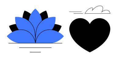 Mavi nilüfer çiçeği kara kalbin yanında, üzerinde minimalist bir bulut var. Sağlık, sevgi, meditasyon, uyum, basitlik, minimalizm farkındalık temaları için idealdir. Basit bir düz metafor.