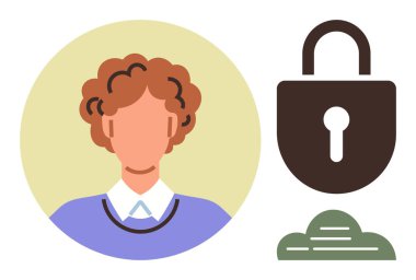 Kişinin profili asma kilit ve bulutun yanında gizlilik, siber güvenlik ve kullanıcı kontrolü temsil ediyor. Kimlik doğrulama, koruma, çevrimiçi güvenlik, şifreleme, gizlilik erişim yönetimi için ideal