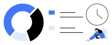 Dairesel pasta çizelgesi, görev listesi, zaman izleme saati, tabletteki verimliliği gösteren kişi. Raporlama, analiz, planlama, veri görselleştirme, üretkenlik araçları zaman yönetimi için idealdir
