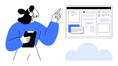 Elinde dosya ve görevlerle dijital web arayüzünü işaret eden bir kadın. Teknoloji, takım çalışması, proje planlaması, organizasyon, iletişim, eğitim ve dijital için ideal