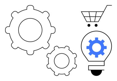 Otomasyonu temsil eden vitesler, e-ticareti sembolize eden alışveriş arabası ve yenilik için bir ampul. Teknoloji, yenilik, e-ticaret, otomasyon, iş büyümesi için ideal, çevrimiçi strateji basit düz