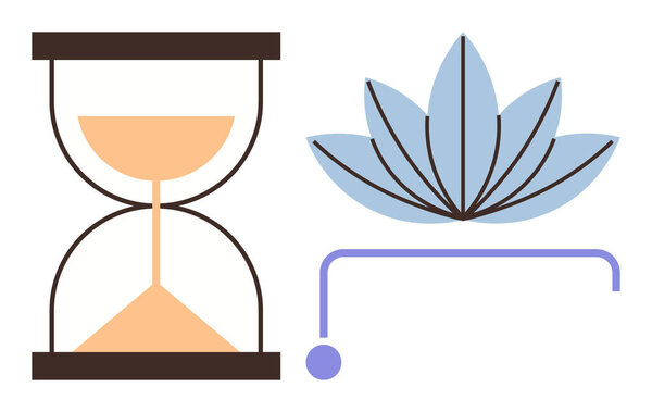 Hourglass with sand representing time and mindfulness next to a blue lotus flower denoting calmness and purity. Ideal for time management, mindfulness, meditation, self-care, patience, wellness
