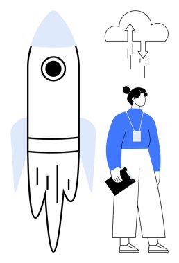 Bulut indirme simgeleriyle dolu bir roketin yanında elinde pano tutan kadın, takım çalışması, yenilik, büyüme, teknoloji, kariyer hedefleri, üretkenlik ve dijital stratejiyi temsil ediyor. Başlangıç için ideal