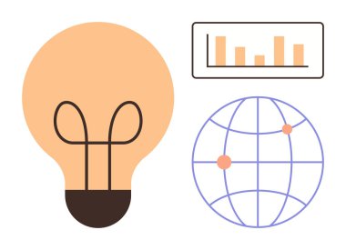 Ampul, bar tablosu ve dünya ikonu yenilik, veri analizi, küresel iletişim ve ilerleme temalarını birleştirir. Teknoloji, iş dünyası, yaratıcılık eğitimi ağı için ideal