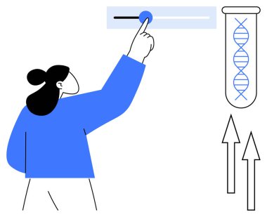 Test tüpü ve yukarı doğru büyüyen oklardaki DNA iplikçikleri ile etkileşime giren kişi. Biyoteknoloji, genetik, araştırma, yenilik, bilim, ilerleme ve eğitim için ideal. Basit bir düz metafor.