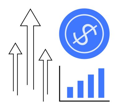 Yükselen oklar, dolar işaretli bozuk para ve finansal ilerlemeyi gösteren bar çizelgesi. Finans, başarı, iş büyümesi, yatırım stratejisi, ekonomik refah gelir analizi için idealdir. Basit.