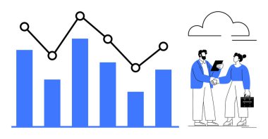 Verileri inceleyen ve tokalaşan iki iş adamının yanı sıra bağlantılı veri noktalarıyla çubuk grafik ve çizgi çizelgesi. Analiz, takım çalışması, işbirliği, strateji, büyüme, finans, basit daire