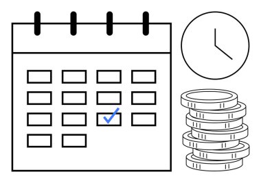 İşaretli tarihli takvim, saati gösteren saat ve finansal organizasyonu ve zamanlamayı vurgulayan bozuk para yığını. Zaman yönetimi, süreler, bütçe planlaması, üretkenlik, tasarruf ve maaş için ideal