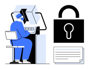 Güvenlik odaklı bilgisayar, büyük asma kilit sembolü ve veri dosyaları üzerinde çalışan kişi. Siber güvenlik, veri koruması, mahremiyet, teknoloji, ağ güvenliği için ideal, bilişim yönetimi basit bir daire