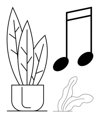 Kalın yapraklı büyük saksı bitkisi, büyük boy müzik notası, soyut süs yaprakları. Yaratıcılık, rahatlama, doğa, müzik, iç metafor, farkındalık için idealdir.