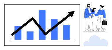 Yükselen eğilim okuyla mavi çizelge, profesyoneller el sıkışıyor, planları tartışıyorlar. İş büyümesi, takım çalışması, başarı, planlama, müzakere, işbirliği için ideal basit düz metafor